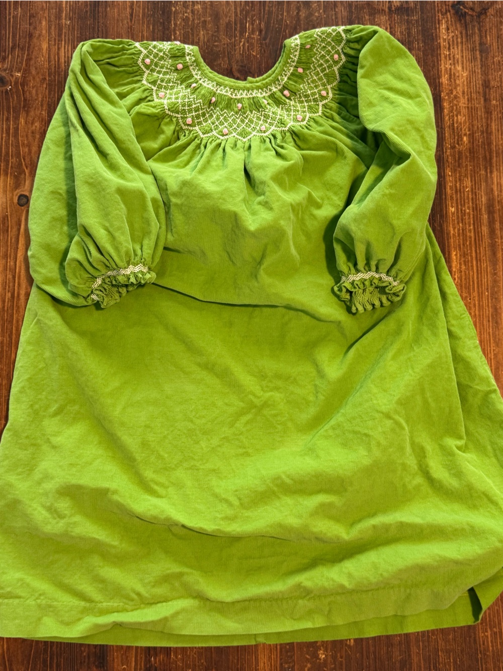 Girls Green Smocked Long-Sleeve Formal Dress